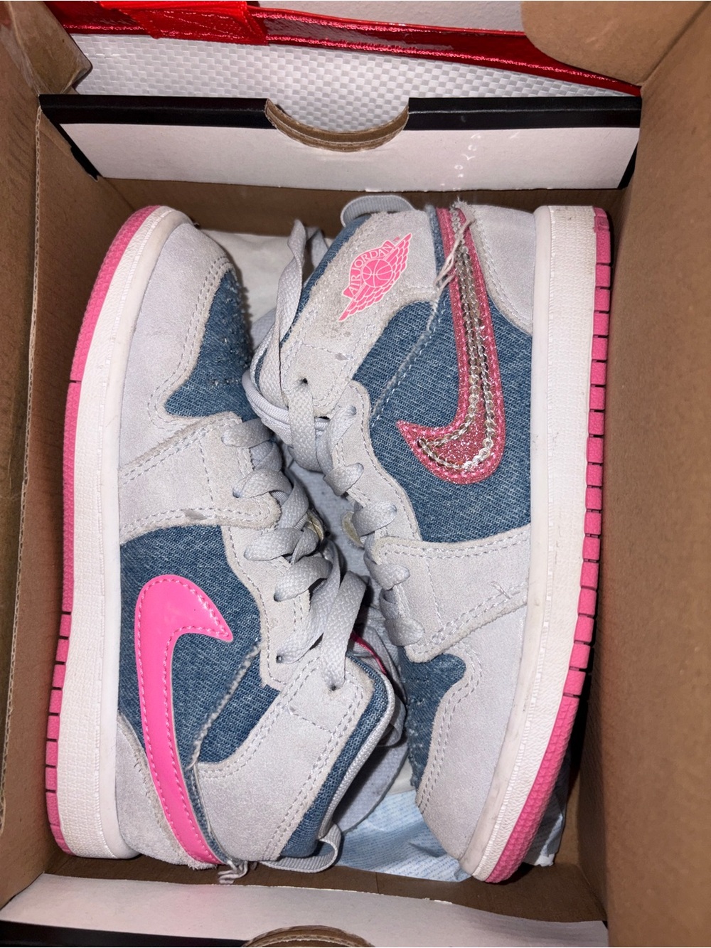 Jordan 1 Kids White and Light Blue Sneakers with Pink Logo Accents - Picture 2 of 7
